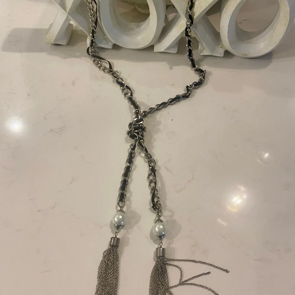 WHITE HOUSE BLACK MARKET Chain Ribbon Tassle Necklace | EUC | MSRP $149